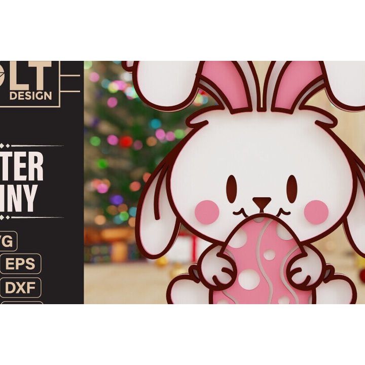 Iepuras de Paste 3D din lemn taiat cu laser, 20x25 cm, set de accesorii decorative