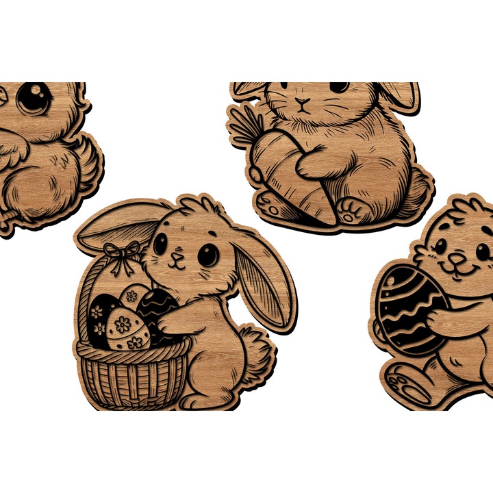 Pachet decupaje laser Iepuras de Paste si Pui, Intrahome, din plywood 3mm-4mm, culoare wenge, dimensiune 6x6cm