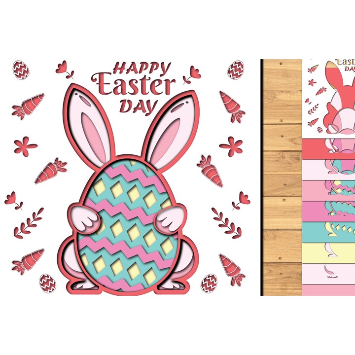 Set de accesorii decorative, Intrahome, taiere 3D iepuras de Paste, din plywood 3mm-4mm, dimensiune 1200x1200cm