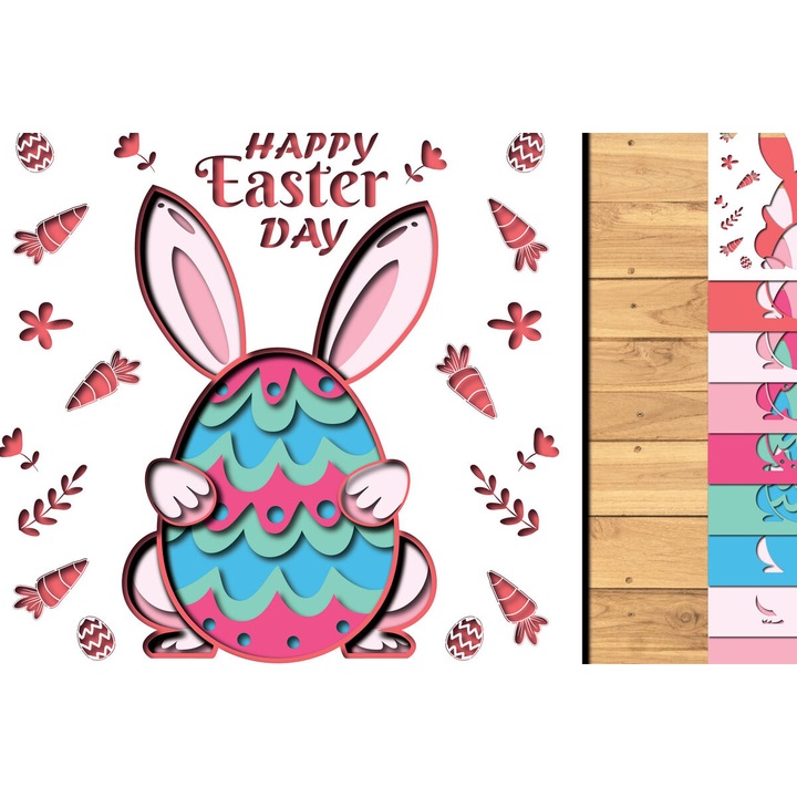 Set de accesorii decorative, Intrahome, taieturi 3D de Paste, iepuras si oua, din plywood 3mm-4mm, dimensiune 1200x1200cm