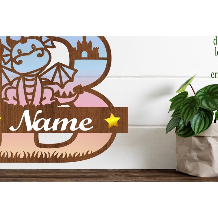 Monograma din lemn Plywood 3mm-4mm, Intrahome, cu cap de dragon, 30x20cm, pentru decorare DIY
