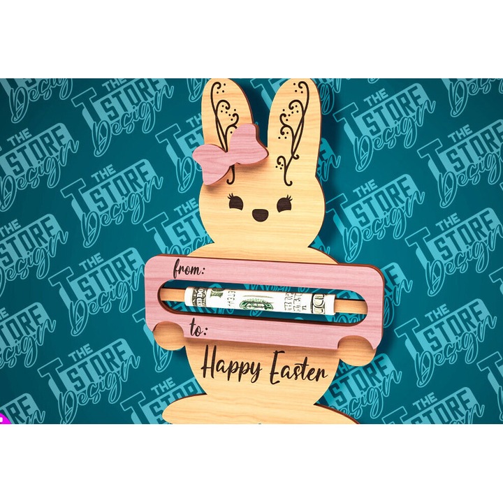 Suport de bani Iepuras de Paste, Intrahome, taiat cu laser, 15x15cm, din plywood 3mm-4mm