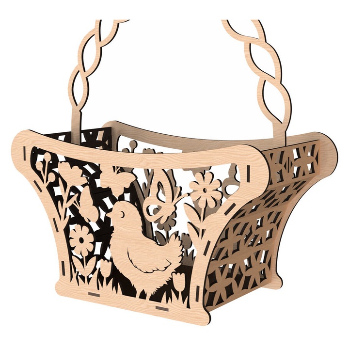 Cos pascal cu pui din lemn taiat cu laser, 30x20 cm, set de accesorii decorative