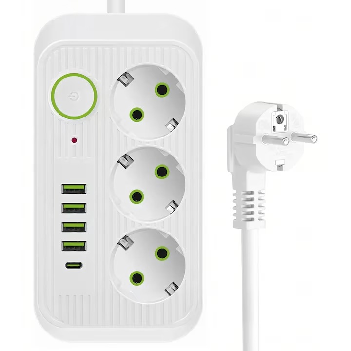 Staryon, 8 az 1-ben elosztó hosszabbítóval, 2500W / Többszörös aljzat hosszabbítóval, 3 Schuko aljzat + 4 USB port + 1 Type-C port, 2m kábel, OnOff gomb, túlterhelésvédelem, Fehér