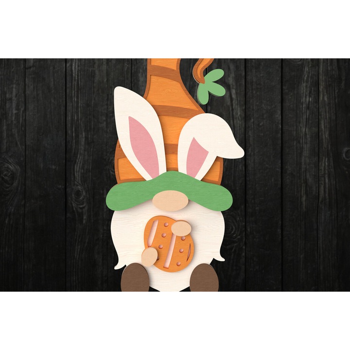 Decoratiune de Paste, Intrahome, Gnom cu iepure si morcov 3D, 15x15cm, din plywood 3mm-4mm