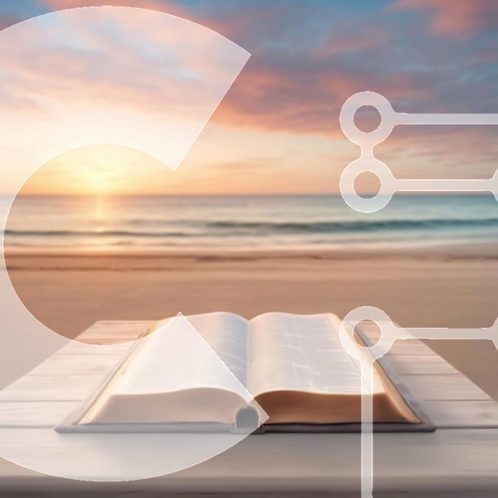 Puzzle din lemn Intrahome - Carte deschisa pe masa de lemn la plaja cu apus, 10x10 cm, 25 piese, cutie din lemn wenge