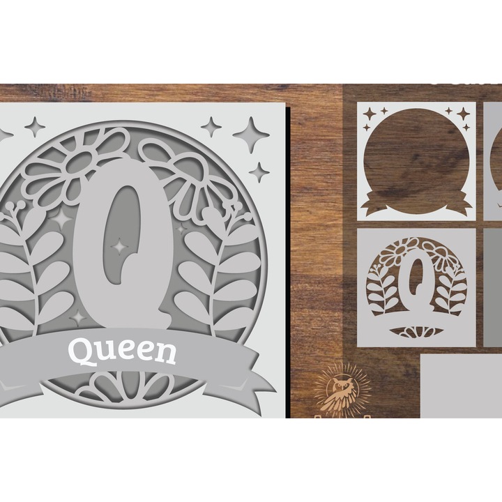 Cutie de umbra florala alfabetica - Litera Q, Intrahome, din plywood, 3mm-4mm, 25x25cm