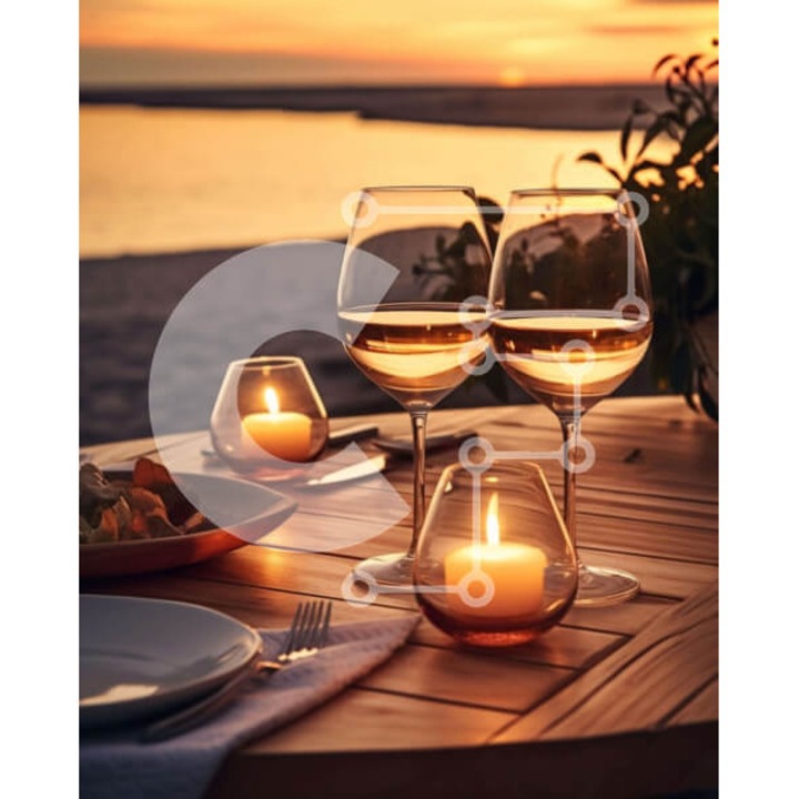 Puzzle din lemn Intrahome, scena romantica cu mancare pe masa, 25 piese, 10x10 cm, cutie din lemn wenge