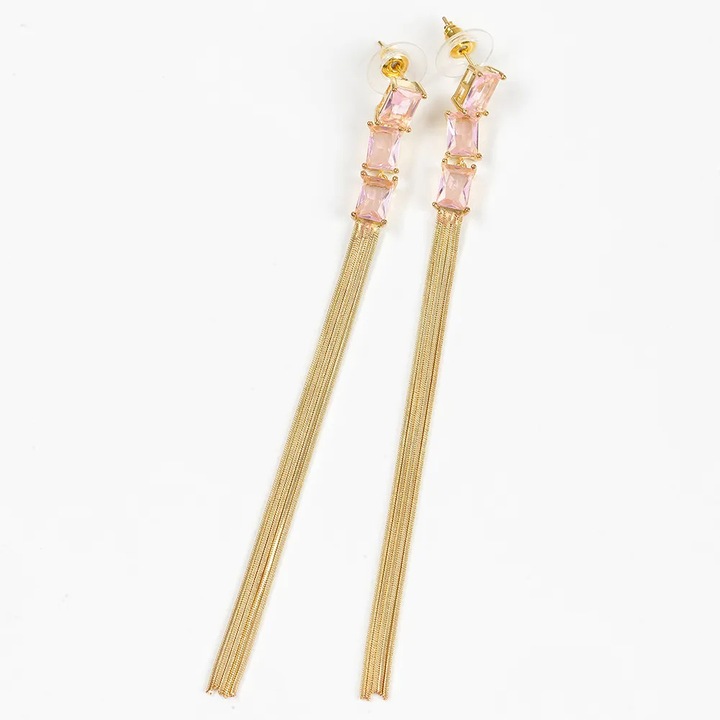 Cercei lungi aurii cu lanturi fine si pietre roz, Meli Melo Paris