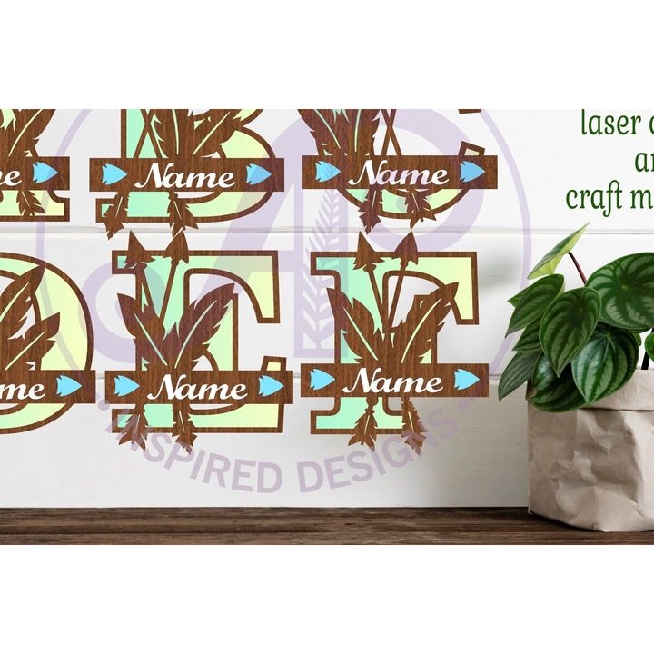 Set de accesorii decorative din lemn, Intrahome, monograma cu plettera si bej, 30x20cm, 3mm-4mm