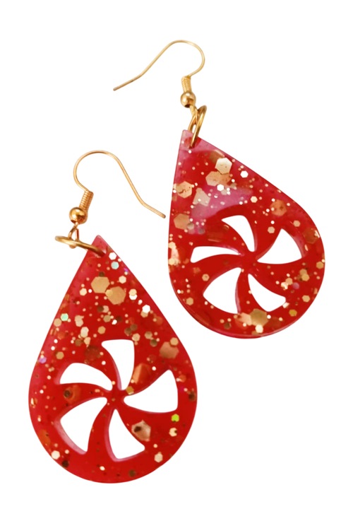 Cercei din rasina sintetica, realizati manual, rosu cu sclipici, 5x2 cm