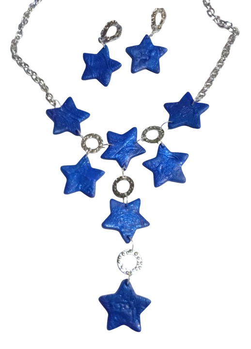 Set de bijuterii realizat manual din lut polimeric, albastru, 45 cm, cercei 5x 2, 5 cm