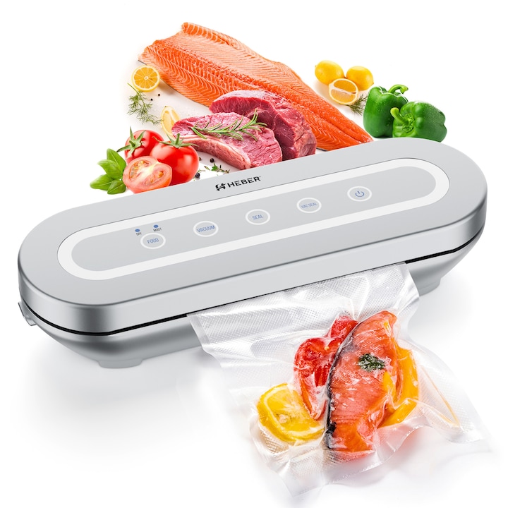 Aparat de vidat si sigilat alimente Heber®, 120W, 80kpa, functii vidare umed/uscata/soft, panou de comanda tactil, 30 cm bara de lipire Functie de Sigilare si Vidare Automata, Gri