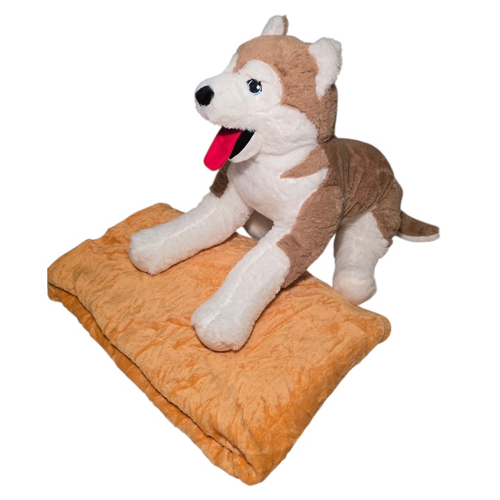 Jucarie din plus caine husky marime 70 cm, cu paturica moale la interior 1m/160, detasabila, 2 in 1, ideala pentru imbratisat, decor sau in calatorii, relaxare si confort