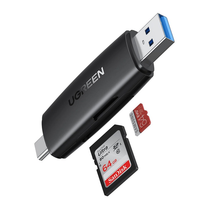 Kártyaolvasó Ugreen – Kettős USB és Type-C olvasó, SD/MicroSD, gyors 5Gbps átvitel, max 2TB - fekete