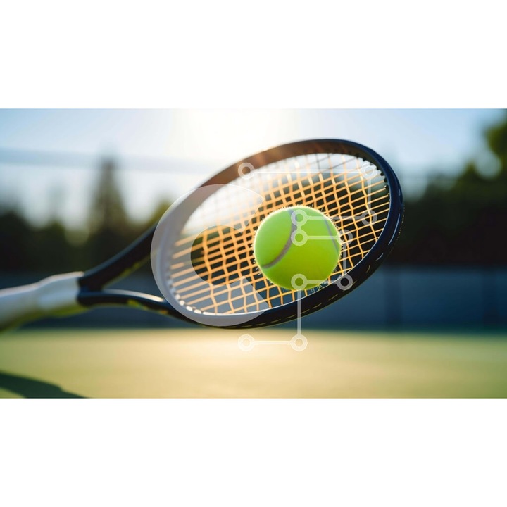 Puzzle din lemn Intrahome - Raketa de tenis si minge pe teren, 10x10 cm, 25 piese, cutie din lemn wenge