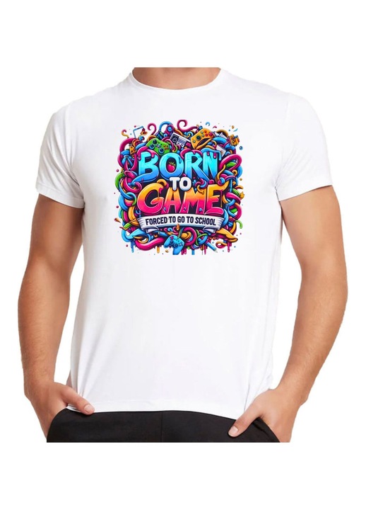 Унисекс тениска, модел BORN TO GAME FORCED TO GO TO SCHOOL, бял