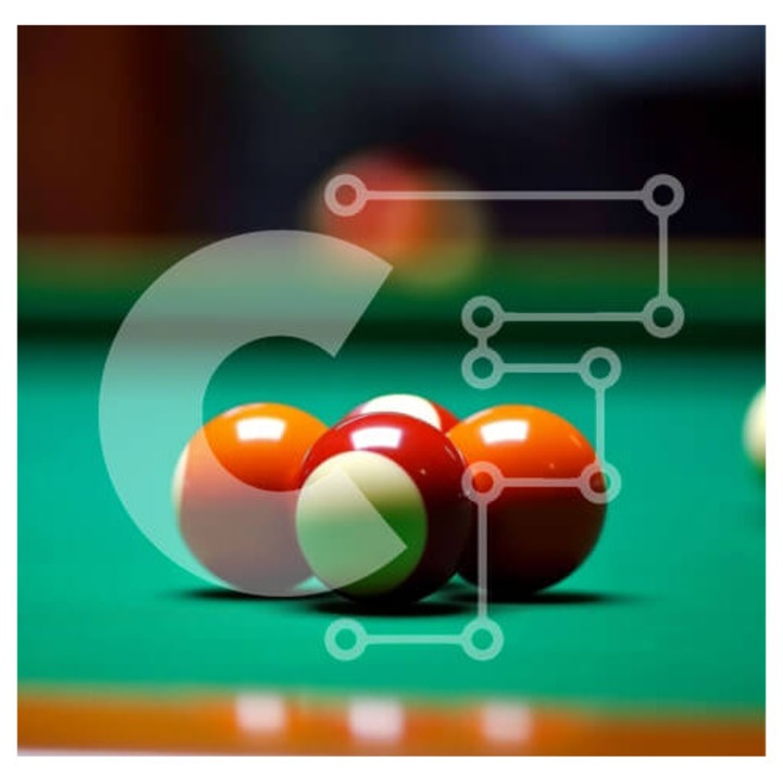 Puzzle din lemn Intrahome, 10x10 cm, 25 piese, imagine cu mingi de biliard pe masa verde, cutie din lemn wenge.