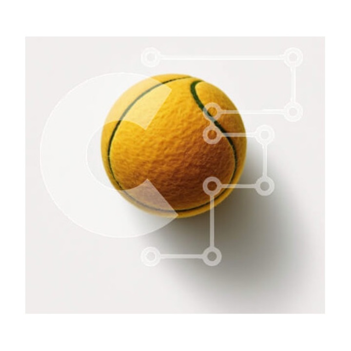 Puzzle din lemn Intrahome, minge de tenis galben pe teren alb, 10x10 cm, 25 piese, cutie din lemn wenge.