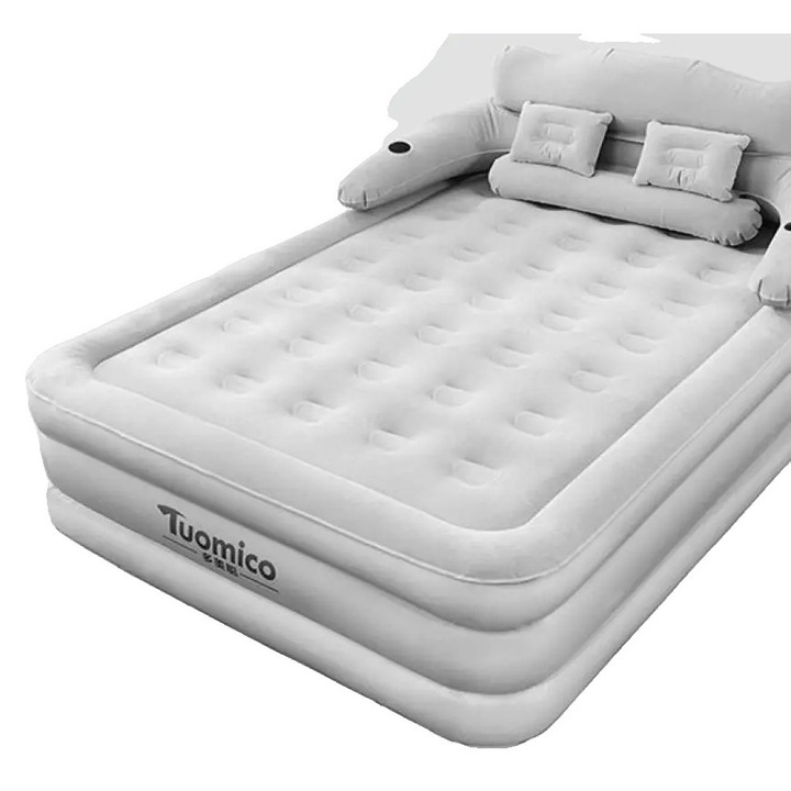 Къмпинг матрак с вградена помпа, флокирана повърхност, сив, стандартни размери