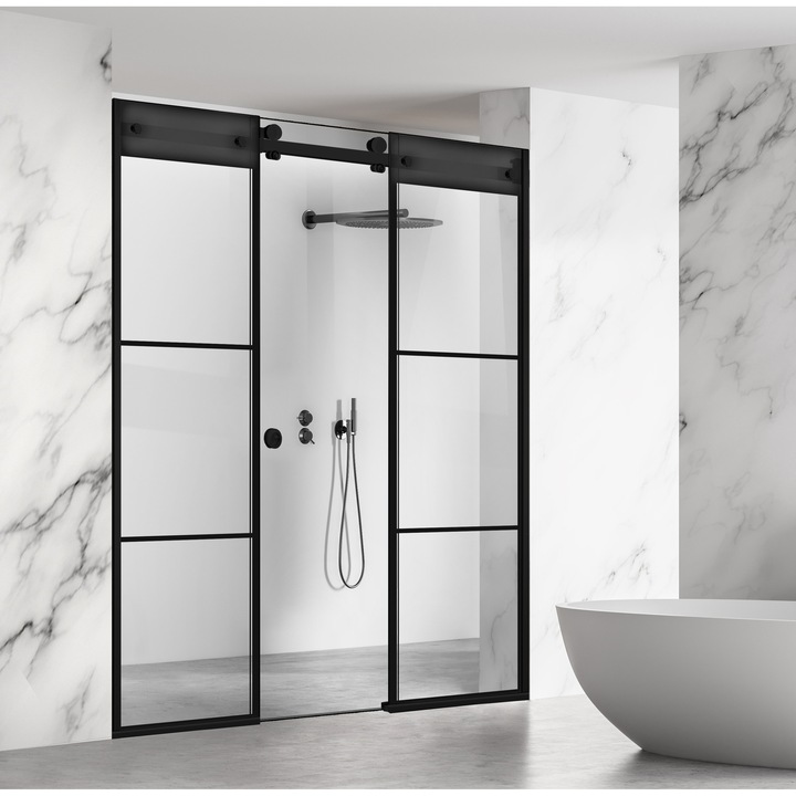 Perete dus cu usa glisanta 3 elemente Glissando Line Black, model Vintage negru, feronerie full inox negru mat, sticla clara, securizata, pentru gol intre 155-165 cm, inaltime 205 cm