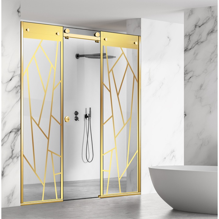 Perete dus cu usa glisanta 3 elemente Glissando Line Gold, model Atlas auriu, feronerie full inox auriu, sticla clara, securizata, pentru gol intre 245-255 cm, inaltime 205 cm