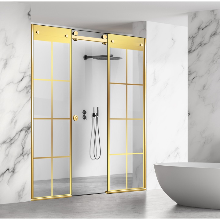 Perete dus cu usa glisanta 3 elemente Glissando Line Gold, model Mode auriu, feronerie full inox auriu, sticla clara, securizata, pentru gol intre 245-255 cm, inaltime 205 cm