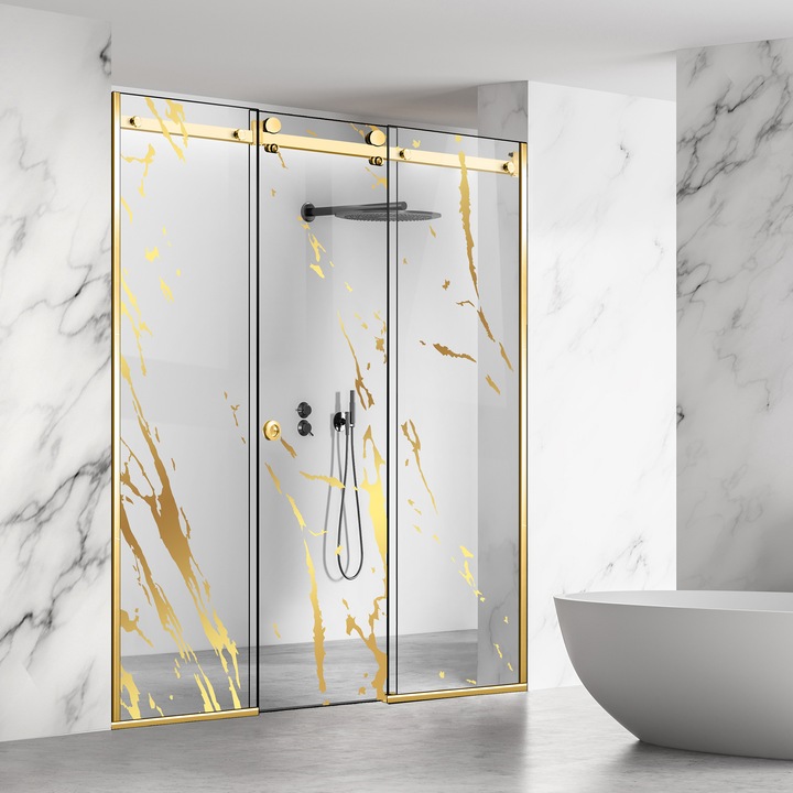 Perete dus cu usa glisanta 3 elemente Glissando Line Gold, model Rock auriu, feronerie full inox auriu, sticla clara, securizata, pentru gol intre 245-255 cm, inaltime 205 cm