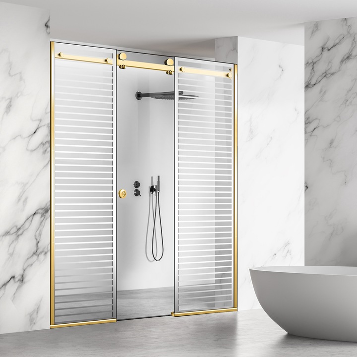 Perete dus cu usa glisanta 3 elemente Glissando Line Gold, model Moris incolor, feronerie full inox auriu, sticla clara, securizata, pentru gol intre 245-255 cm, inaltime 205 cm