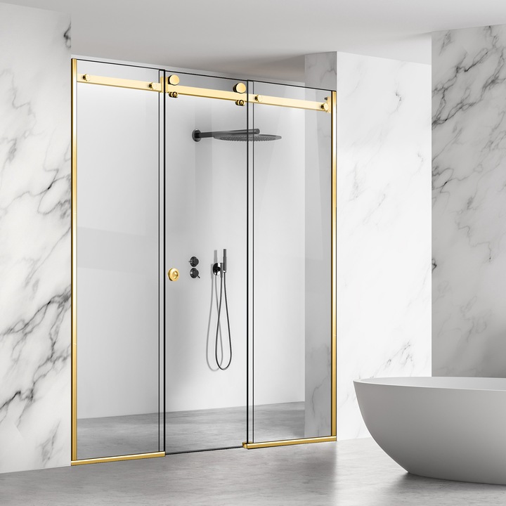 Perete dus cu usa glisanta 3 elemente Glissando Line Gold, feronerie full inox auriu, sticla clara, securizata, pentru gol intre 155-165 cm, inaltime 205 cm