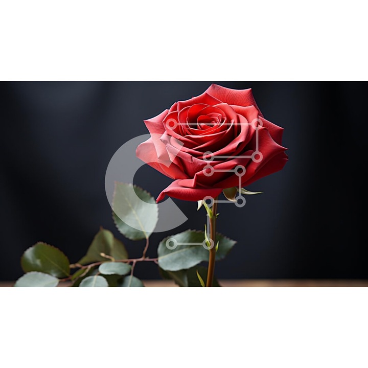 Puzzle din lemn Intrahome, imagine trandafir rosu cu frunze verzi pe masa, 10x10 cm, 25 piese, set in cutie de lemn wenge