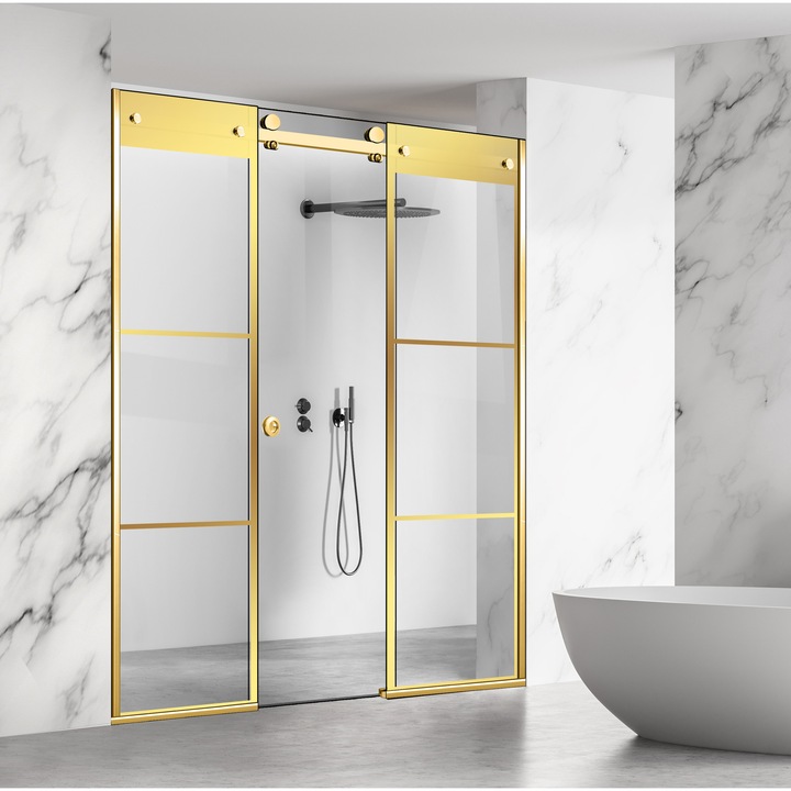 Perete dus cu usa glisanta 3 elemente Glissando Line Gold, model Vintage auriu, feronerie full inox auriu, sticla clara, securizata, pentru gol intre 245-255 cm, inaltime 205 cm