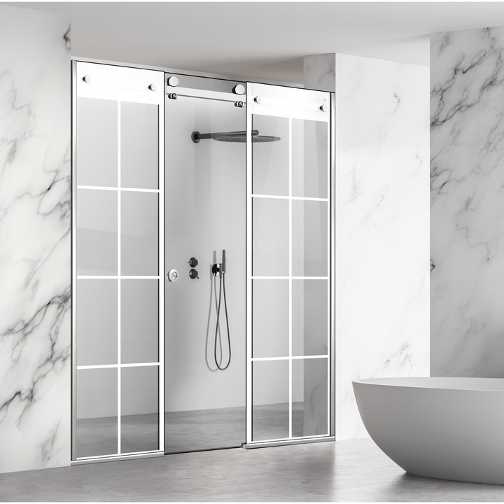 Perete dus cu usa glisanta 3 elemente Glissando Line Inox, model Mode alb, feronerie full inox, sticla clara, securizata, pentru gol intre 145-155 cm, inaltime 205 cm