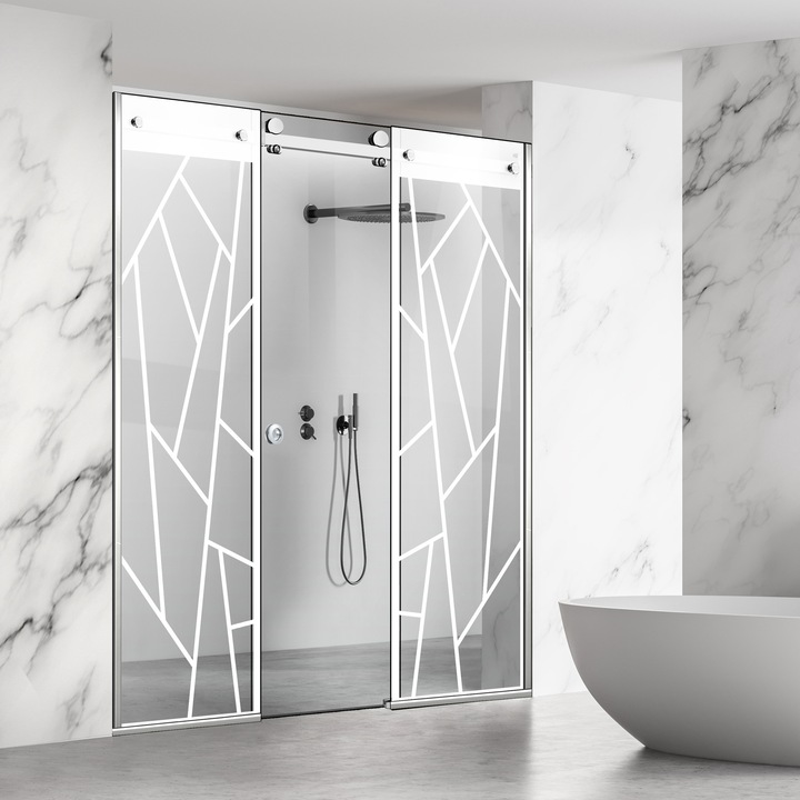 Perete dus cu usa glisanta 3 elemente Glissando Line Inox, model Atlas alb, feronerie full inox, sticla clara, securizata, pentru gol intre 175-185 cm, inaltime 205 cm