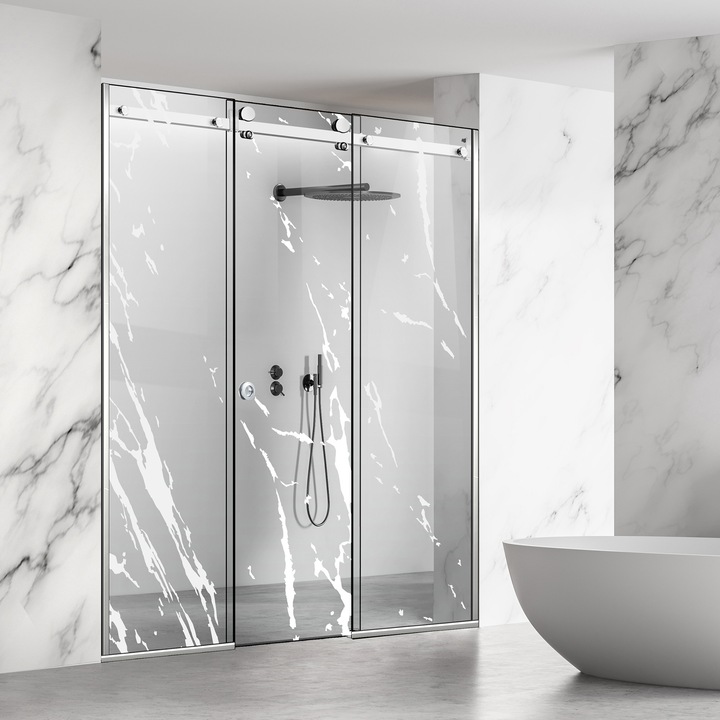 Perete dus cu usa glisanta 3 elemente Glissando Line Inox, model Rock alb, feronerie full inox, sticla clara, securizata, pentru gol intre 175-185 cm, inaltime 205 cm