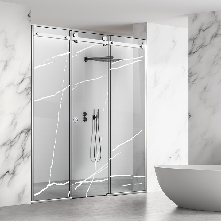 Perete dus cu usa glisanta 3 elemente Glissando Line Inox, model Marble alb, feronerie full inox, sticla clara, securizata, pentru gol intre 235-245 cm, inaltime 205 cm