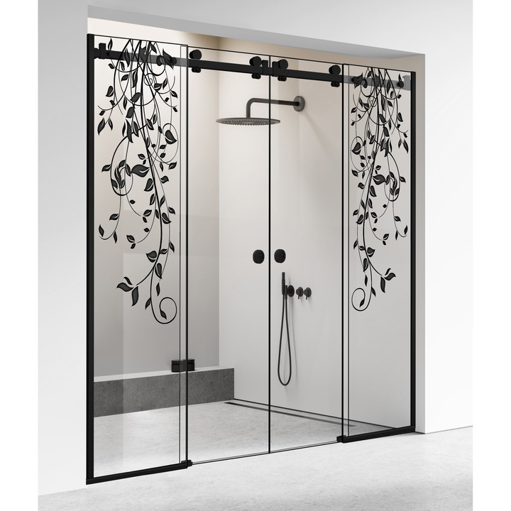 Perete dus cu usa glisanta 4 elemente Glissando Premium Black, model Dance negru, feronerie full inox negru mat, sticla clara, securizata pentru gol intre 285-295 cm, inaltime 205 cm
