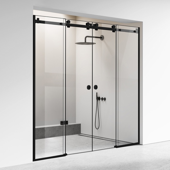 Perete dus cu usa glisanta 4 elemente Glissando Premium Black, feronerie full inox negru mat, sticla clara, securizata pentru gol intre 275-285 cm, inaltime 205 cm
