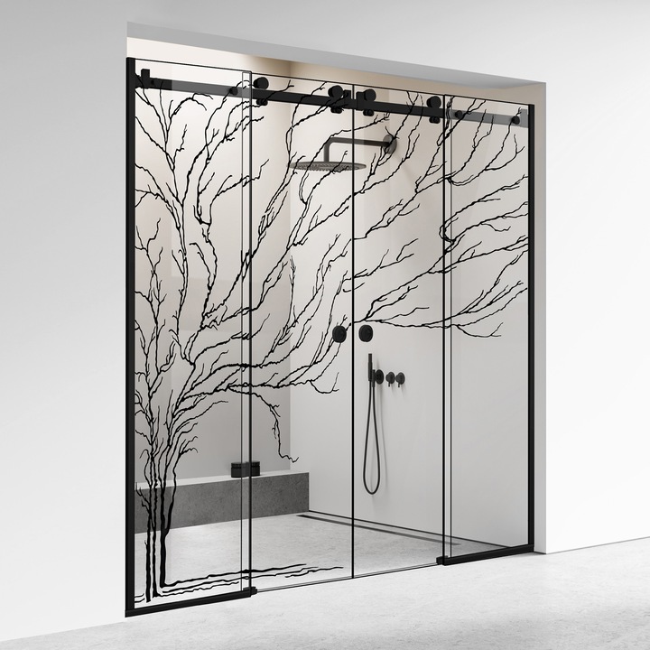 Perete dus cu usa glisanta 4 elemente Glissando Premium Black, model Tree negru, feronerie full inox negru mat, sticla clara, securizata pentru gol intre 285-295 cm, inaltime 205 cm