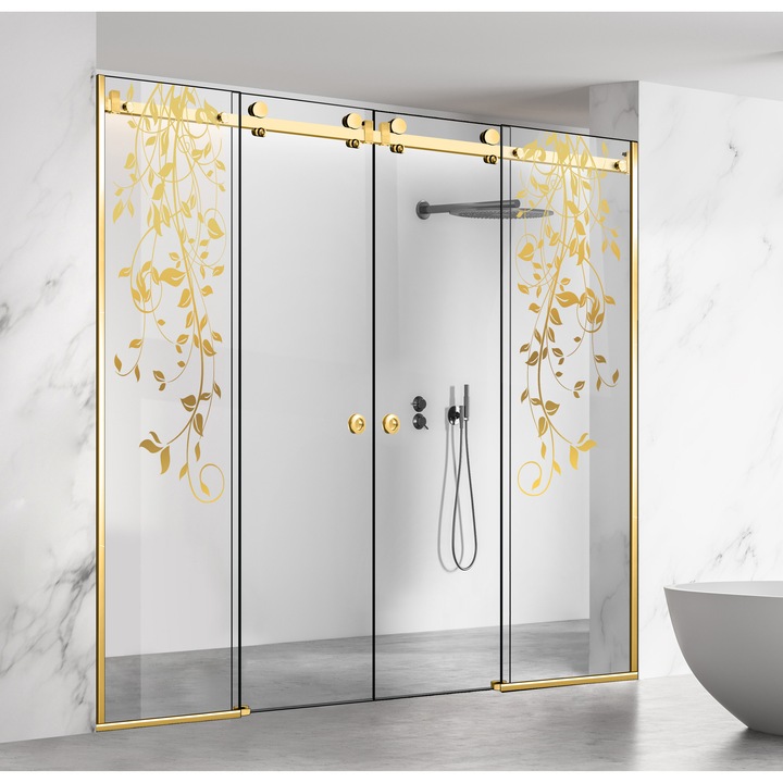 Perete dus cu usa glisanta 4 elemente Glissando Premium Gold, model Dance auriu, feronerie full inox auriu, sticla clara, securizata pentru gol intre 285-295 cm, inaltime 205 cm