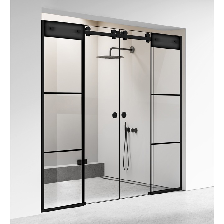 Perete dus cu usa glisanta 4 elemente Glissando Premium Black, model Vintage negru, feronerie full inox negru mat, sticla clara, securizata pentru gol intre 285-295 cm, inaltime 205 cm