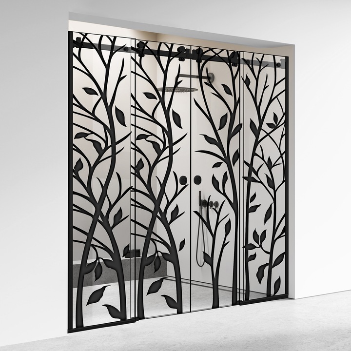 Perete dus cu usa glisanta 4 elemente Glissando Premium Black, model Wood negru, feronerie full inox negru mat, sticla clara, securizata pentru gol intre 285-295 cm, inaltime 205 cm