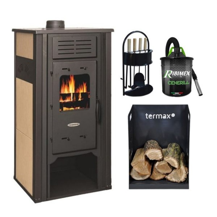 Pachet termosemineu Termax Hydra, 6.5 kW, randament 75.5%, 43 m², Bej, set accesorii, aspirator cenusa si suport lemne foc metalic Termax M