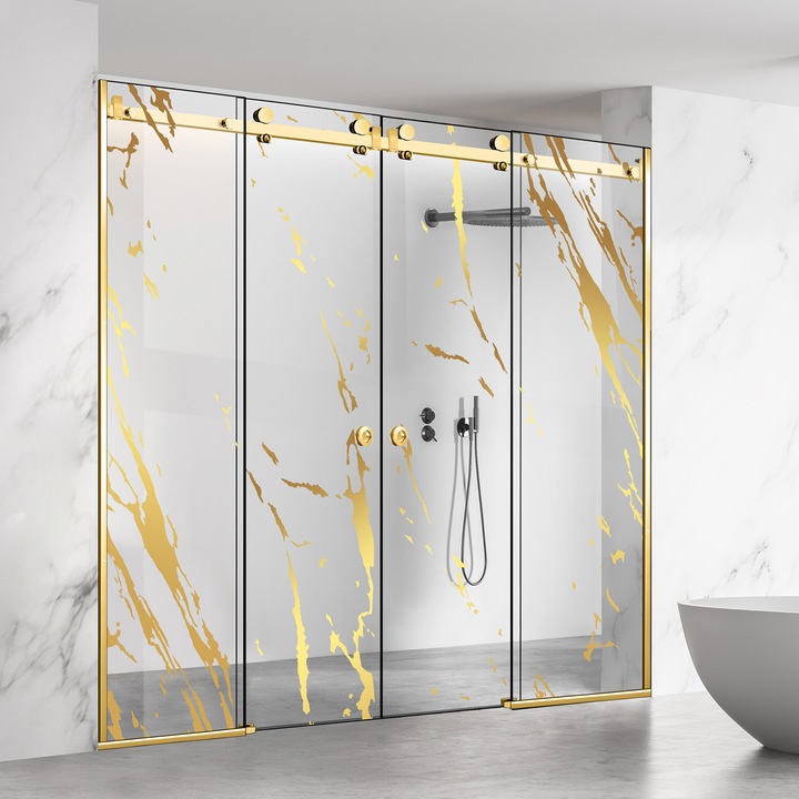 Perete dus cu usa glisanta 4 elemente Glissando Premium Gold, model Rock auriu, feronerie full inox auriu, sticla clara, securizata pentru gol intre 285-295 cm, inaltime 205 cm