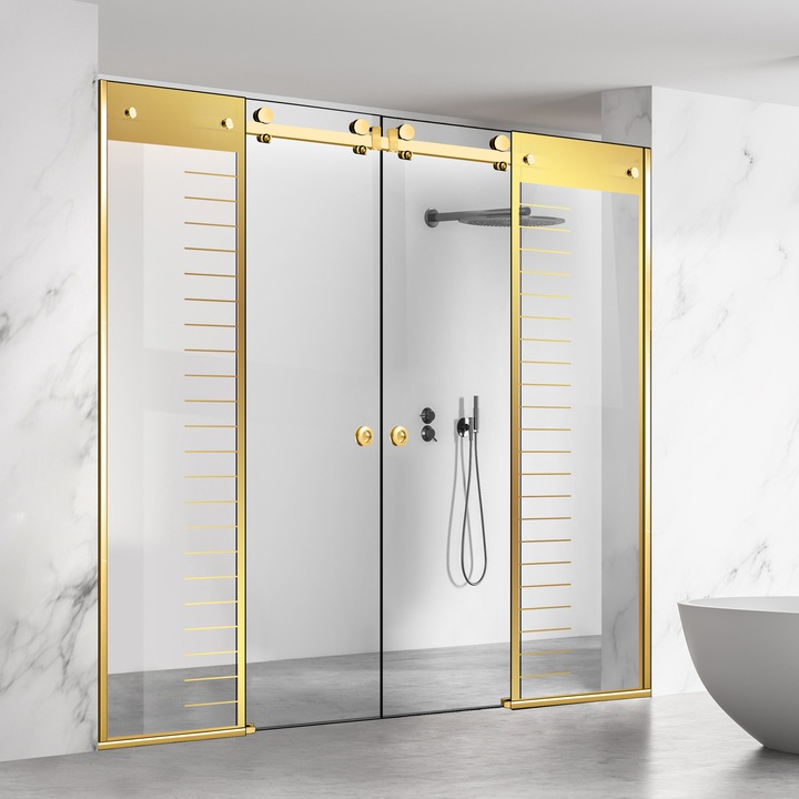 Perete dus cu usa glisanta 4 elemente Glissando Premium Gold, model Supreme auriu, feronerie full inox auriu, sticla clara, securizata pentru gol intre 285-295 cm, inaltime 205 cm