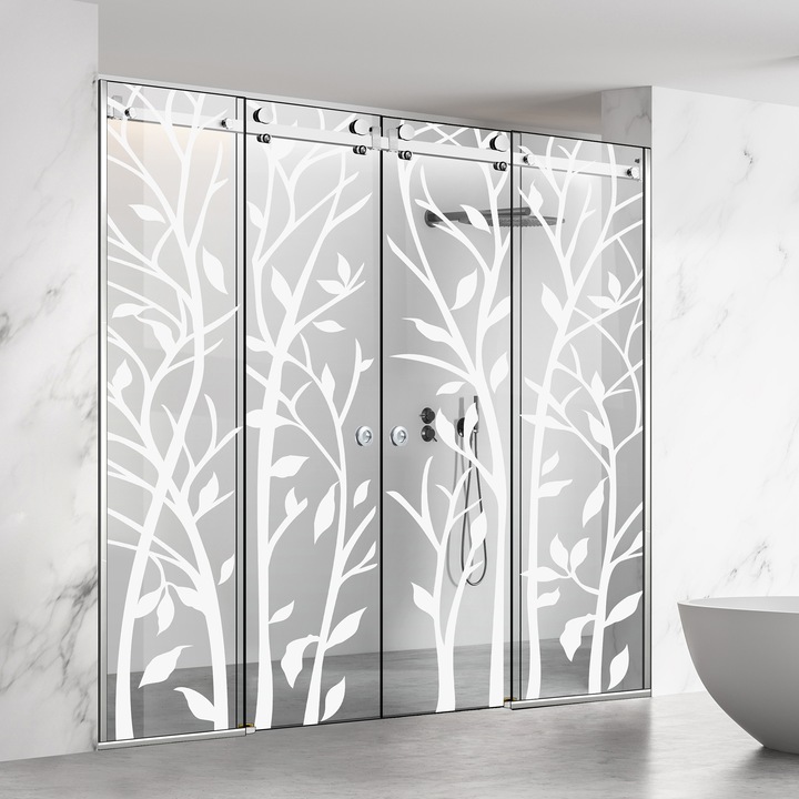 Perete dus cu usa glisanta 4 elemente Glissando Premium Inox, model Wood alb, feronerie full inox, sticla clara, securizata pentru gol intre 285-295 cm, inaltime 205 cm