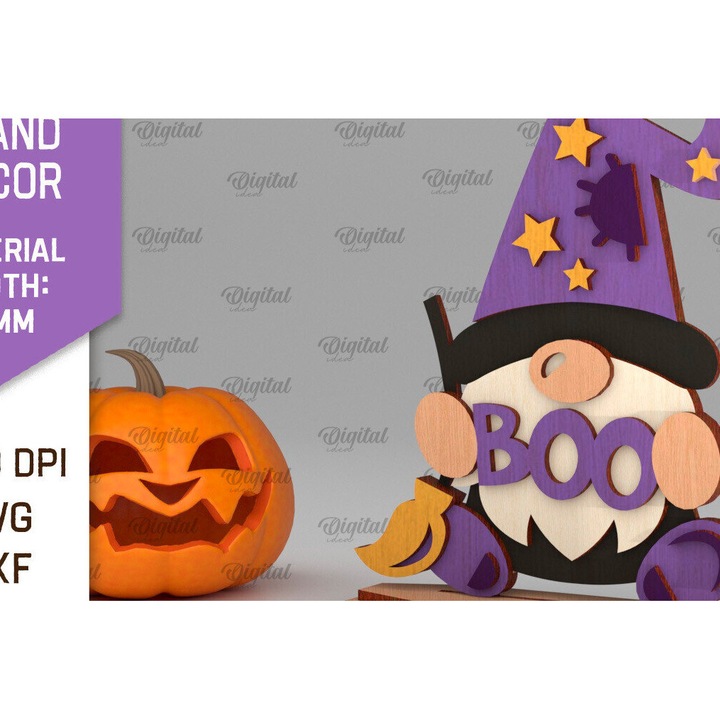 Stant decorativ Halloween Gnome, Intrahome, din plywood 3mm-4mm, 15x15cm, ideal pentru proiecte DIY