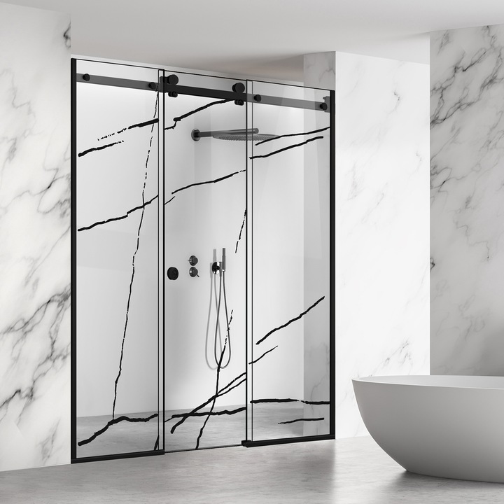 Glissando Line Black 3 elemből álló tolóajtós zuhanyfal, fekete Marble modell, víztiszta biztonsági üveg, 245-255x205 cm réshez