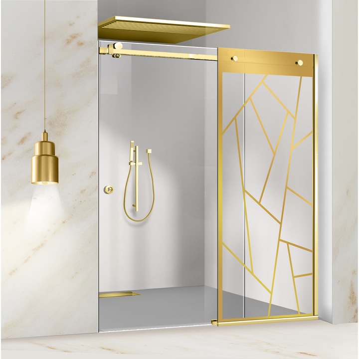 Perete dus cu usa glisanta Glissando Simple Gold, model Atlas auriu, feronerie full inox auriu, sticla clara, securizata, pentru gol intre 90-100 cm, inaltime 205 cm
