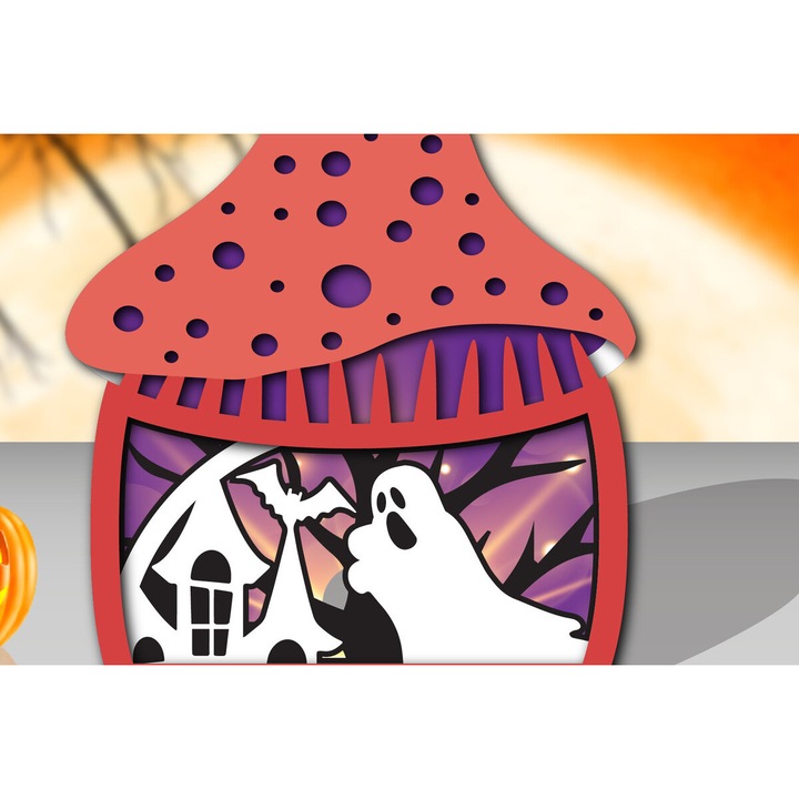 Casa ciuperca de Halloween din lemn, Intrahome, 3mm-4mm, culoare wenge, dimensiuni 15x15cm